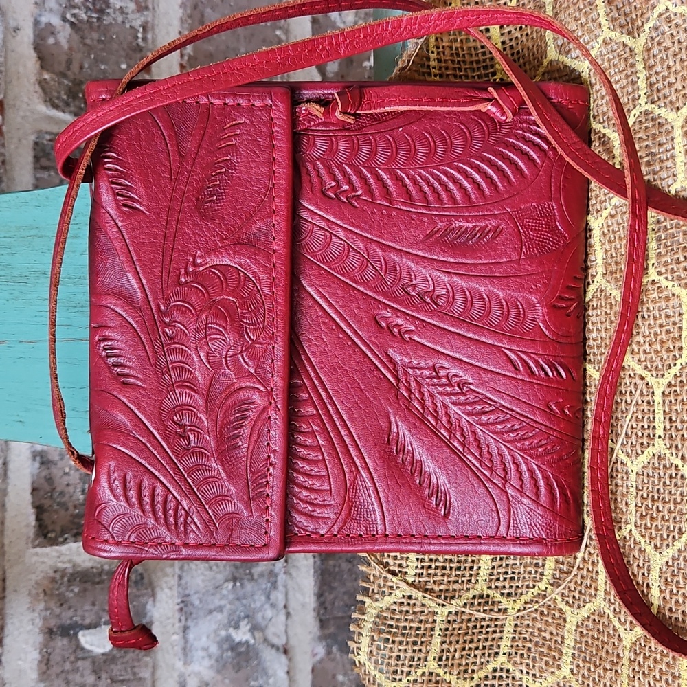 JL Saldivar Red Leather Tooled Crossbody Bag